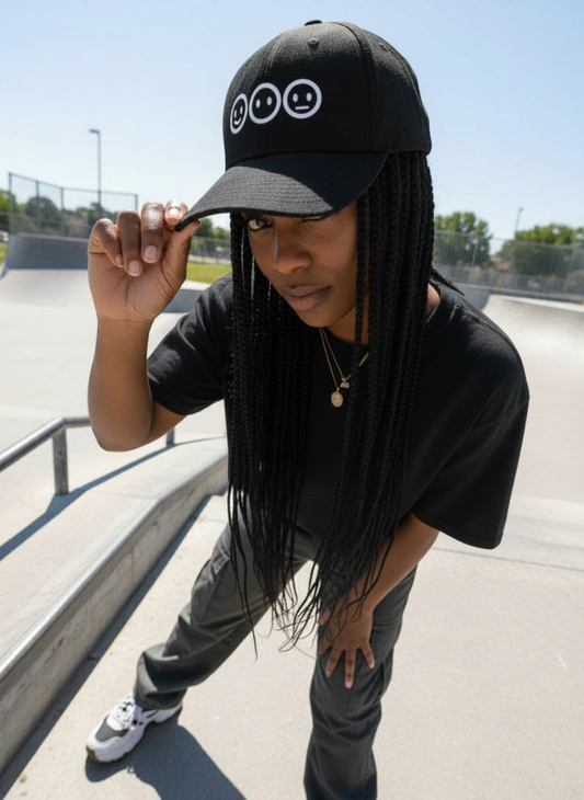 Person wearing a black cap with smiley face designs at a skate park.