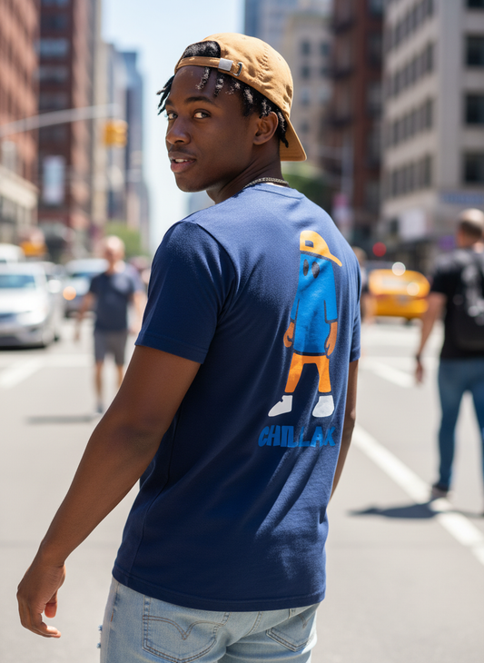 Man wearing a blue t-shirt with a graphic design on a city street
