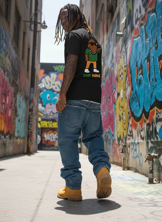 Person wearing a black t-shirt with a graphic design, blue jeans, and yellow shoes walking through a graffiti-covered alley.
