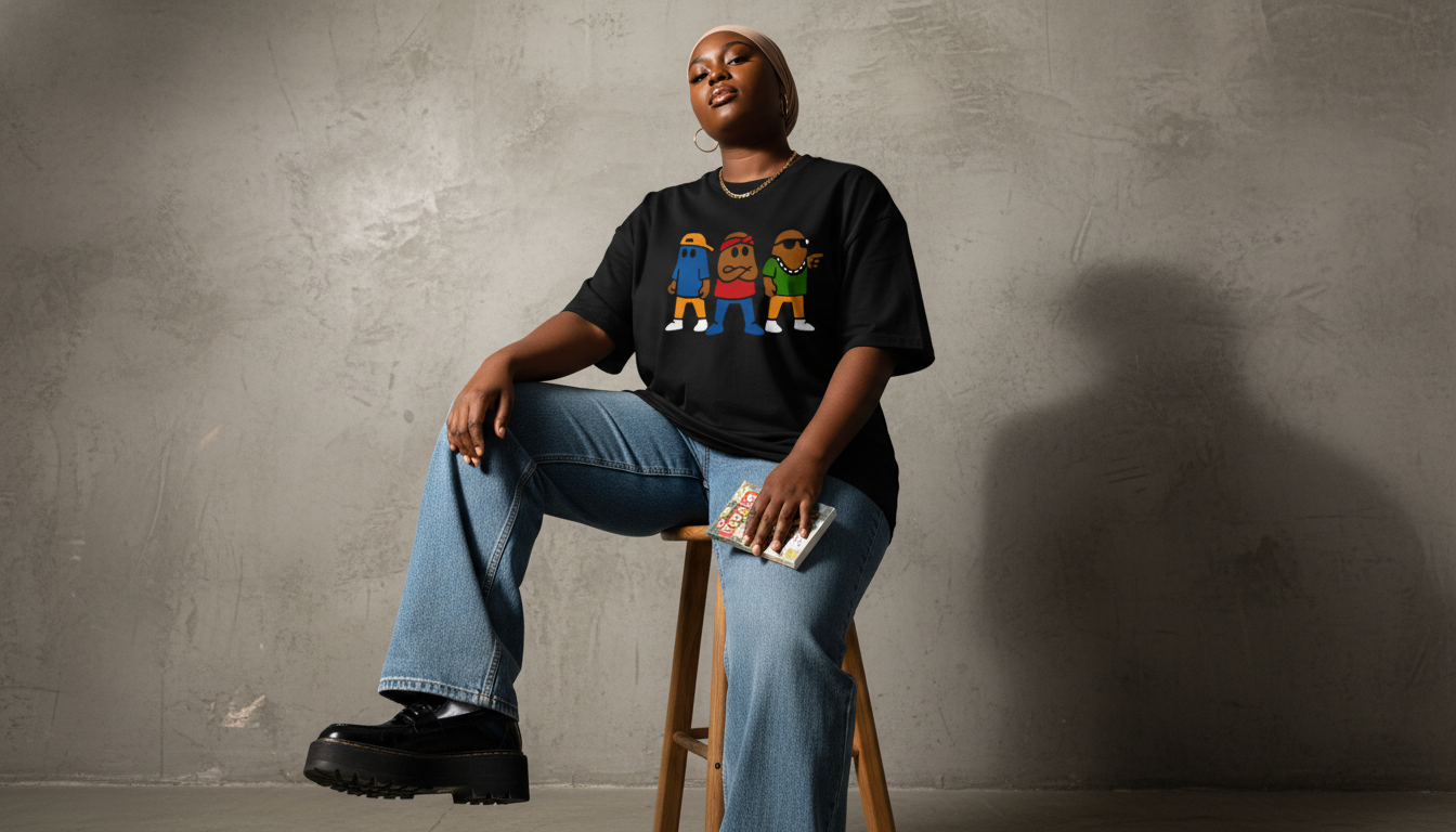 Person sitting on a stool wearing a black t-shirt with colorful graphics against a gray wall.