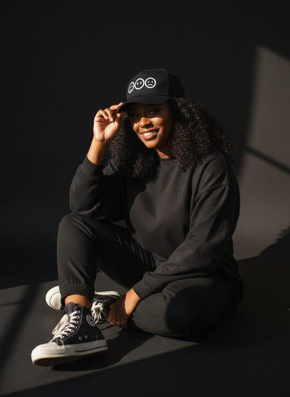 Person wearing a black cap and outfit sitting against a dark background