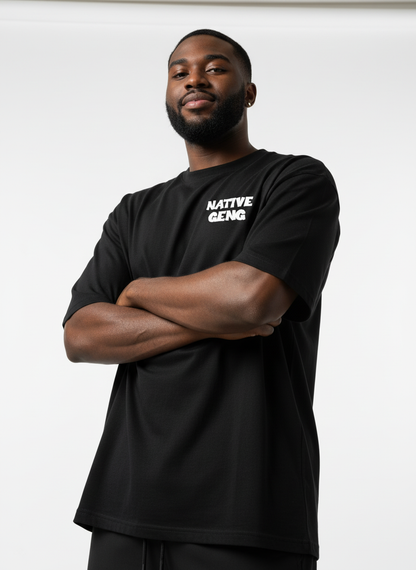 Man wearing a black t-shirt with 'NATIVE GENG' text on a white background