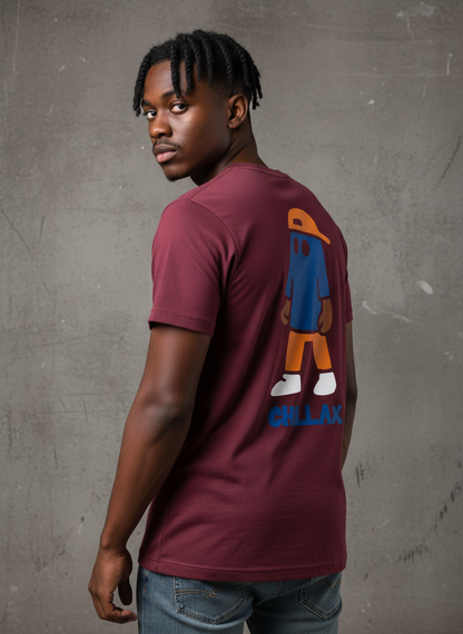 Man wearing a maroon t-shirt with a graphic design on the back against a gray background