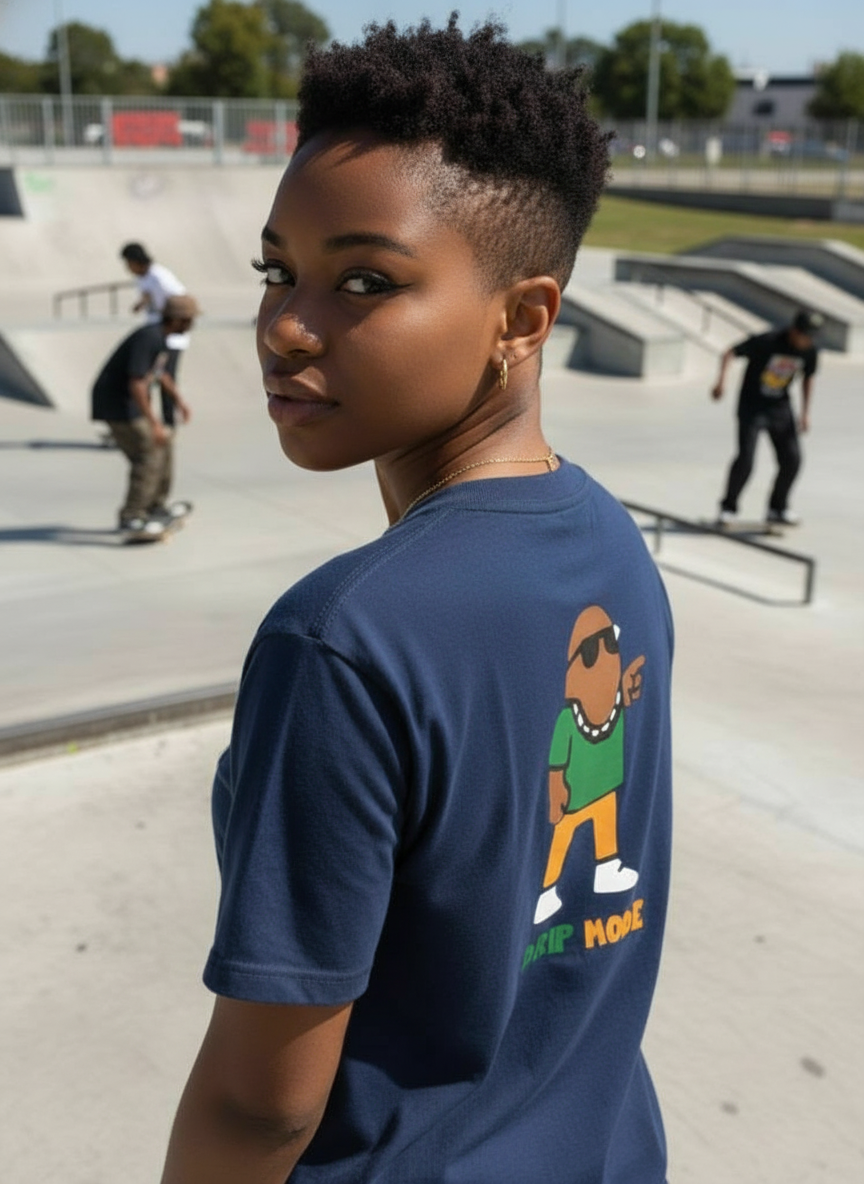 Person wearing a navy blue t-shirt with a graphic design at a skate park.