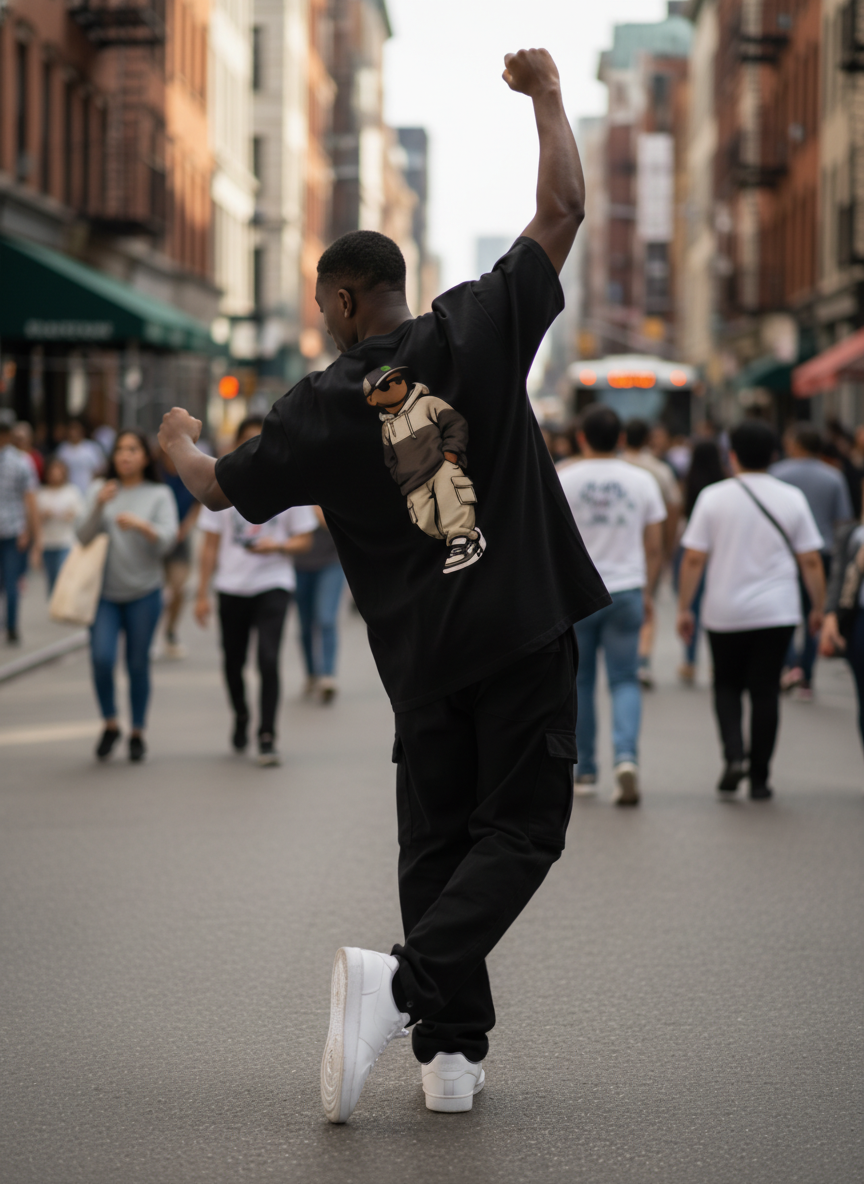 Person dancing on a city street with buildings and pedestrians in the background