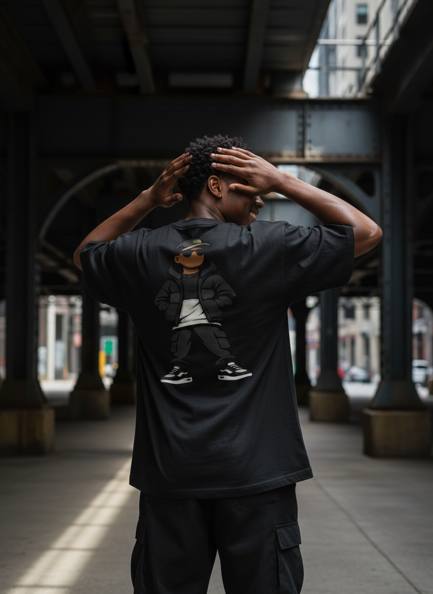 Person wearing a black t-shirt with a graphic design, standing under a bridge.