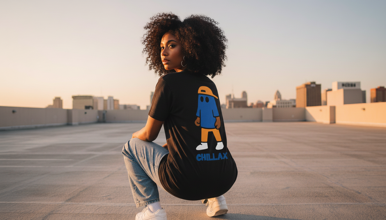 Person wearing a black t-shirt with a graphic design on a rooftop with cityscape in the background