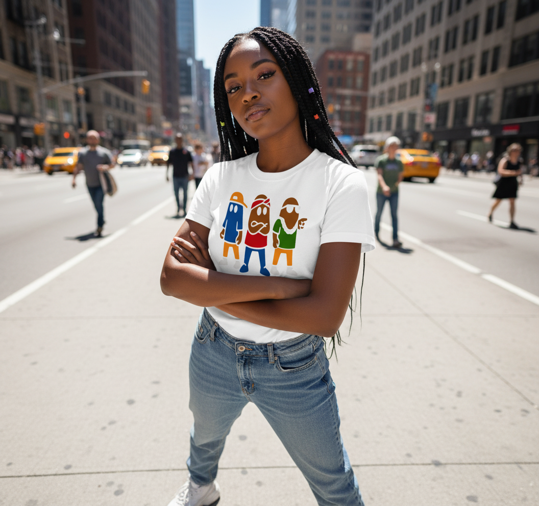 Person wearing a white t-shirt with colorful graphic design on a city street.